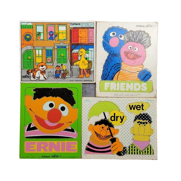 Playskool Other - Lot of 4 Vtg Sesame Street Playskool Wooden Puzzles Bert, Ernie, Big Bird & More